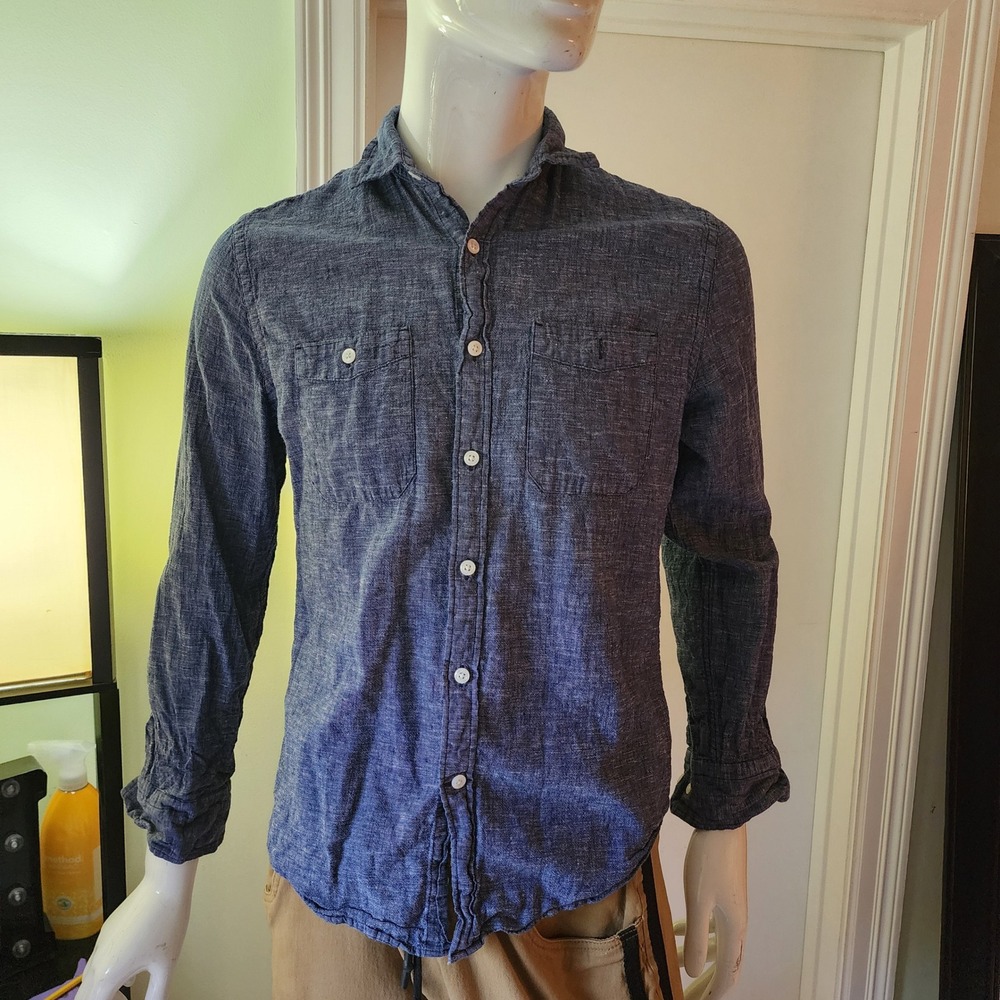 Mens Blue Linen Blend Long Sleeve Button Down Shirt Dual Chest Pockets A22